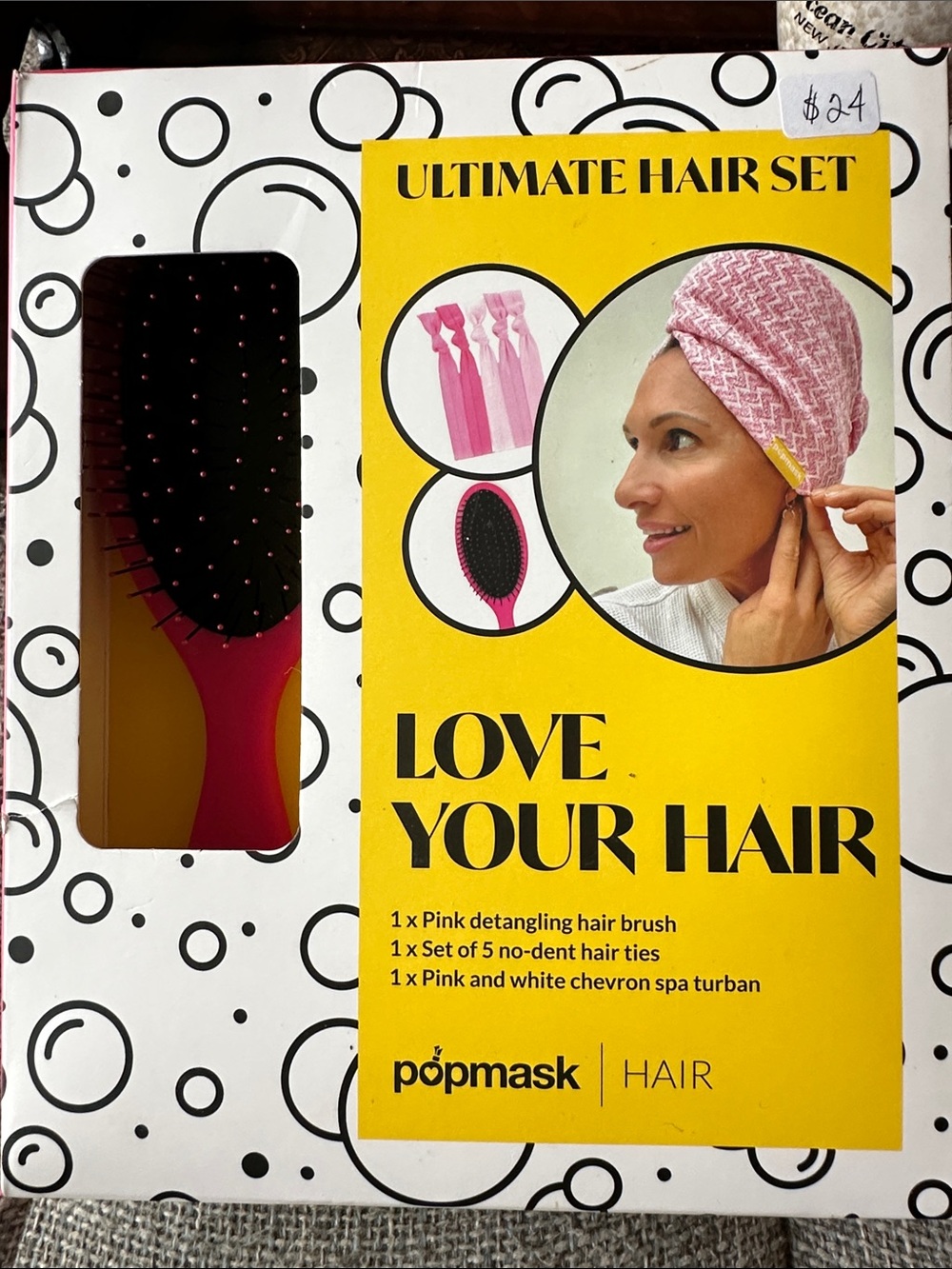 Ultimate Pink Hair Set w/Detangling Brush, 5 No-Dent Hair Ties & Spa Turban NIB